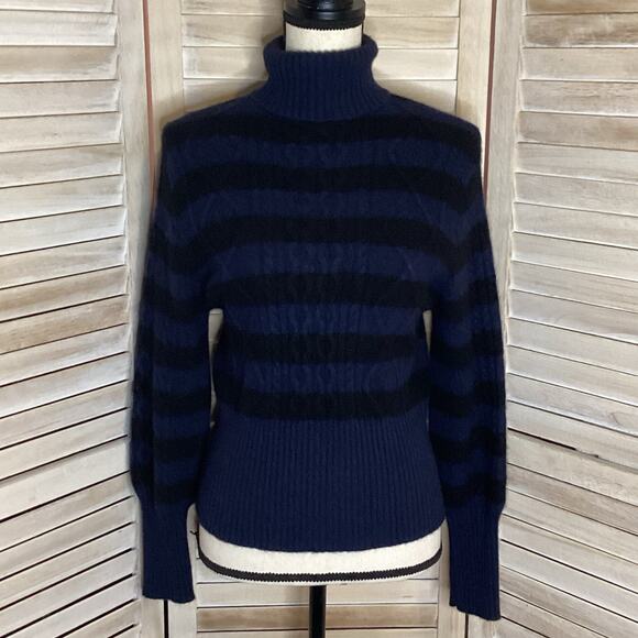 Jumper 1234 Navy Black Stripe Cable Knit Turtleneck Cashmere Sweater M 2 - Picture 1 of 12